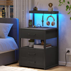 VIAGDO Led Nightstand with Charging Station 3 Drawers Night Stands with Led Lights Black Bedside Tables with Storage Shelves Modern End Side Tables for Bedroom Office