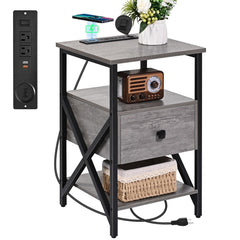 Livofloral Side Tables with Wireless Charging Station Grey End Tables Living Room with Charging Side Tables with Wood Drawer Night Stands with Storage for Bedroom Bedside Tables Living Room