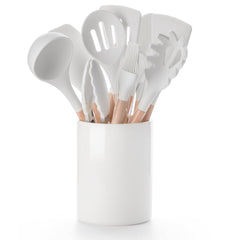 Silicone Cooking Utensils Set Heat Resistant Nucookery Kitchen Utensils Set with Holder Ceramic Crock Wooden Handle Non Toxic Utensils Set of 12 PCS (White)